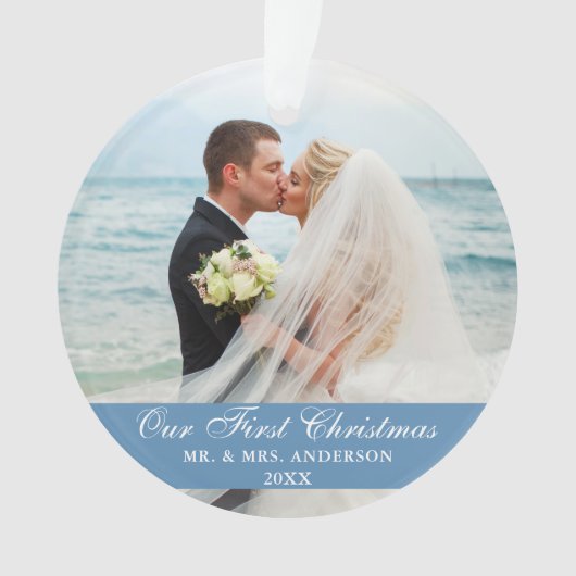 Unser erstes Weihnachts-Blue-Wedding-Foto Ornament (Vorderseite)