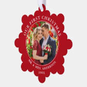 Unser erstes Weihnachts-Coupé-Foto Red Ornament Karte (Linke Ecke)