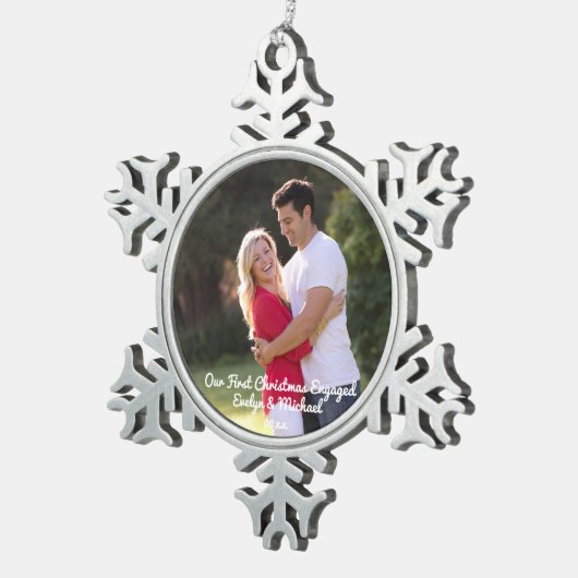 Unser erstes Weihnachts-Coupé-Foto Schneeflocken Zinn-Ornament (Rechts)