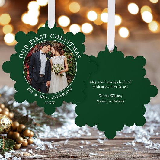 Unser erstes Weihnachts-Couple-Foto Green Ornament Karte