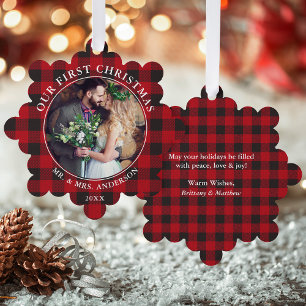 Unser erstes Weihnachts-Couple-Foto Rot Kariert Ornament Karte