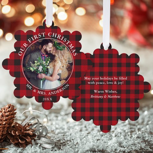 Unser erstes Weihnachts-Couple-Foto Rot Kariert Ornament Karte