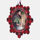 Unser erstes Weihnachts-Couple-Foto Rot Kariert Ornament Karte (Linke Ecke)