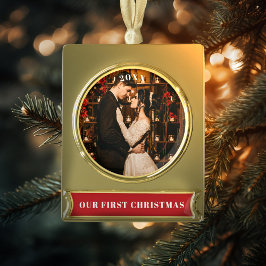 Unser erstes Weihnachts-Foto Banner-Ornament Gold