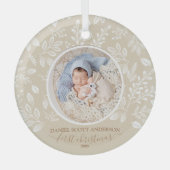 Unser erstes Weihnachts-Foto Elfenbein Ornament Aus Glas (Vorderseite)
