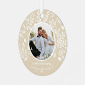 Unser erstes Weihnachts-Foto Elfenbein Ornament Aus Metall (Vorderseite links)