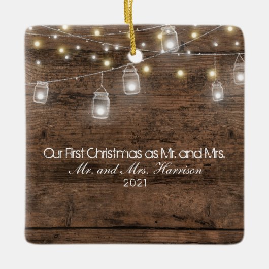 Unser erstes Weihnachts-Foto Mason Jars String Lig Keramikornament (Vorderseite)