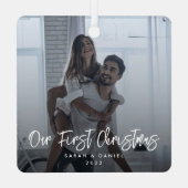 Unser erstes Weihnachts-Foto Modernes Minimales El Ornament Aus Metall (Rückseite)