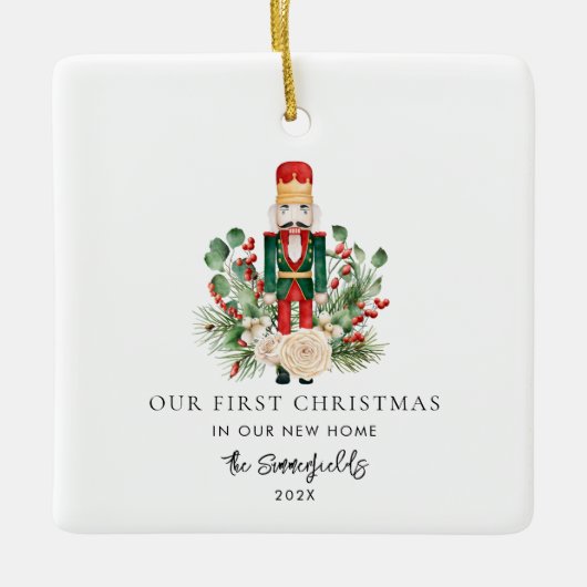 Unser erstes Weihnachts-Foto New Zuhause Nutcracke Keramikornament (Vorderseite)