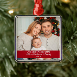 Unser erstes Weihnachts-Foto Square Rot Ornament Aus Metall