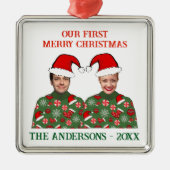 Unser erstes Weihnachts-Funny-Foto Ugly Sweater Ornament Aus Metall (Vorne)