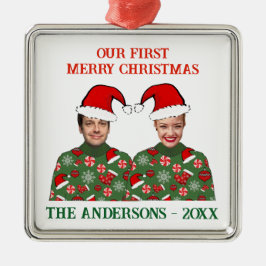 Unser erstes Weihnachts-Funny-Foto Ugly Sweater Ornament Aus Metall