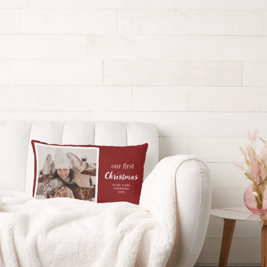 Unser erstes Weihnachts Newlywings Foto Script Red Lendenkissen (Liege)