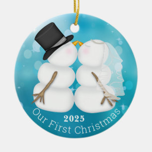 Unser erstes Weihnachts-Newyple-Snowman-Foto Keramik Ornament