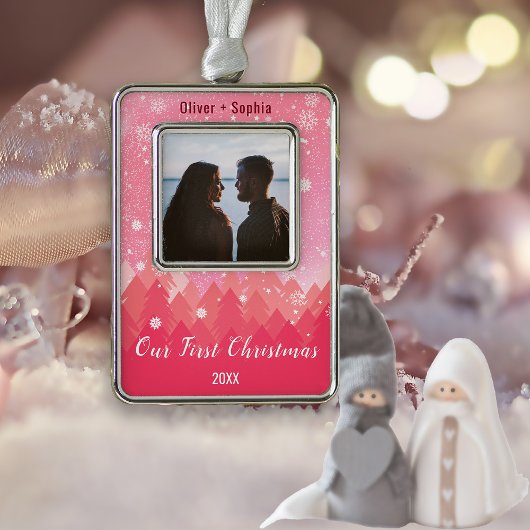 Unser erstes Weihnachts-Rosa-Schneewittchen-Thema Rahmen-Ornament Silber