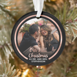 Unser erstes Weihnachts-Rose-Gold-Script-Foto Ornament