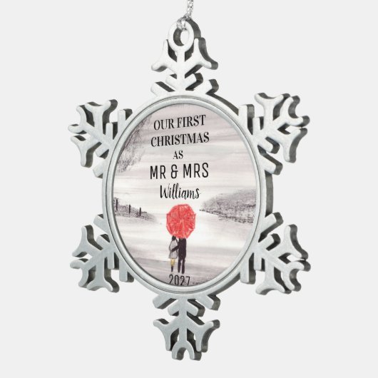 Unser erstes Weihnachts-Rotes Schirmpaar Liebe Schneeflocken Zinn-Ornament (Rechts)