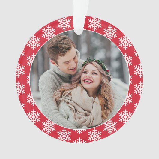Unser erstes Weihnachts-Rotes Schneeflocken-Foto Ornament (Vorderseite)