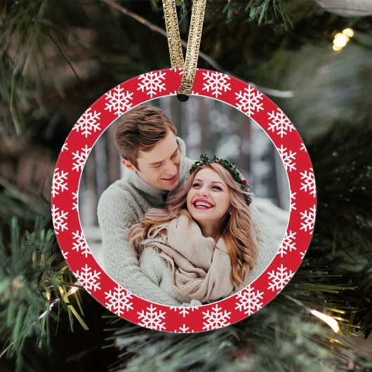 Unser erstes Weihnachts-Rotes Schneeflocken-Foto Ornament