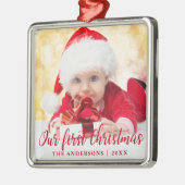 Unser erstes Weihnachts-Rotes Skript-Foto Ornament Aus Metall (Links)