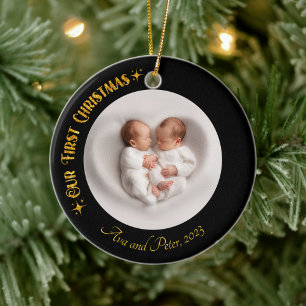 Unser erstes Weihnachts-Twins-Foto Name Custom Gol Keramik Ornament