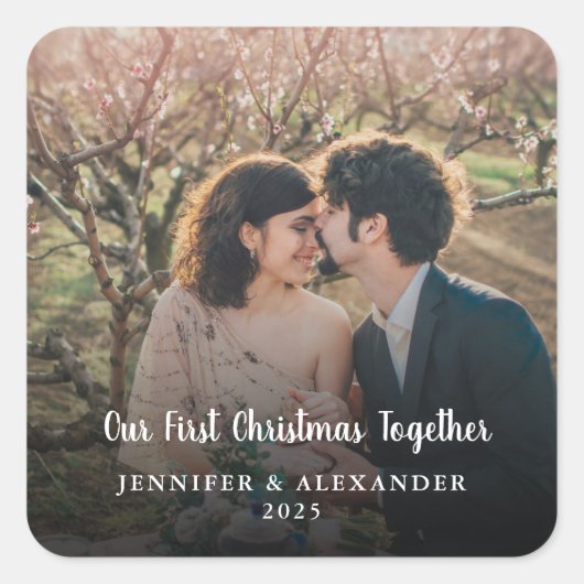 Unser erstes Weihnachts-zusammen-Drehbuch-Foto Quadratischer Aufkleber (Vorderseite)