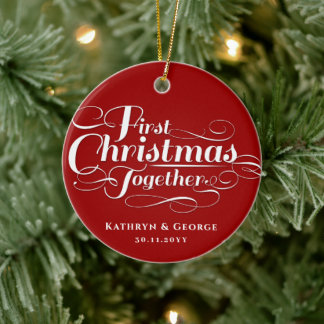 Unser erstes Weihnachts-Zusammen-White-Script-Foto Keramik Ornament