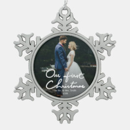 Unser erstes Weihnachtschic-Andenken-Foto Schneeflocken Zinn-Ornament