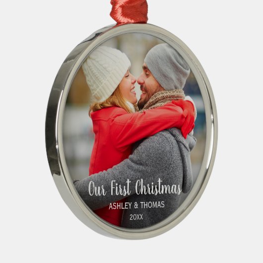 Unser erstes Weihnachtscouple-Foto Ornament Aus Metall (Rechts)