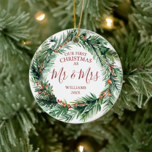 Unser erstes Weihnachtsfest als Mr. & Mrs. Names F Keramik Ornament