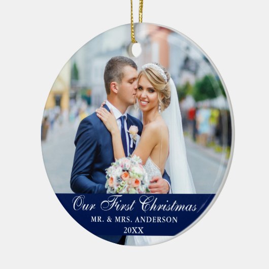 Unser erstes Weihnachtsfest-Foto Blue Keramik Ornament (Links)