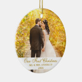 Unser erstes Weihnachtsfest-Foto Gold Script Keramik Ornament (Rechts)