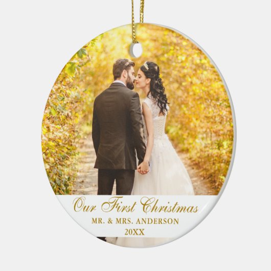 Unser erstes Weihnachtsfest-Foto Gold Script Keramik Ornament (Links)