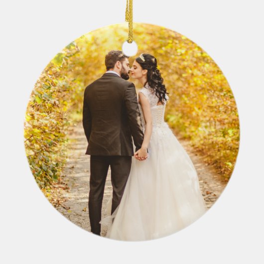 Unser erstes Weihnachtsfest-Foto Gold Script Keramik Ornament (Hinten)