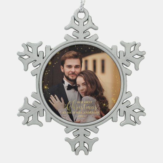 Unser erstes Weihnachtsfest - Mr. Gilded Couple Fo Schneeflocken Zinn-Ornament (Vorderseite)