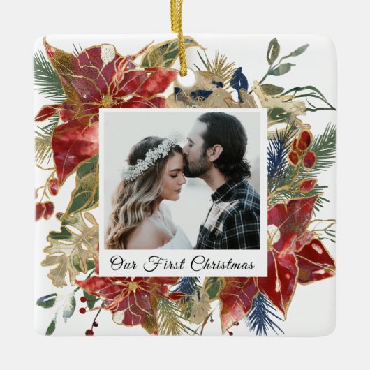 Unser erstes Weihnachtsfoto Elegant Keramikornament (Vorderseite)