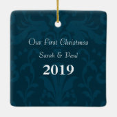 Unser erstes Weihnachtsgeschenk Aquamarin Damaske Keramikornament (Rückseite)