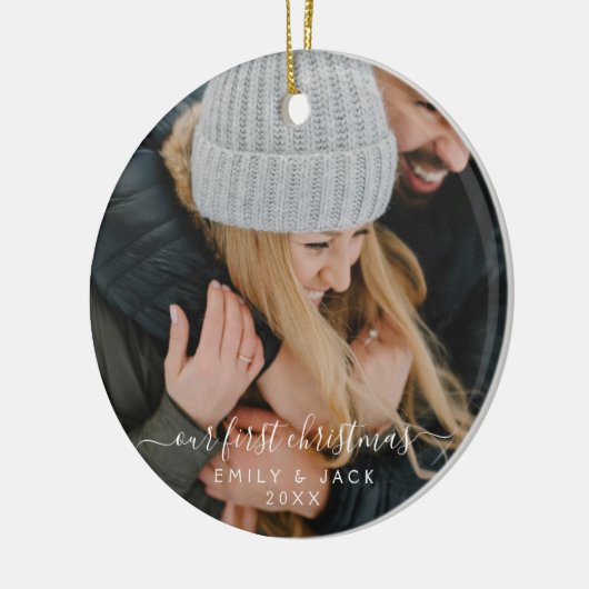 Unser erstes Weihnachtshandbrief-Foto Keramik Ornament (Links)