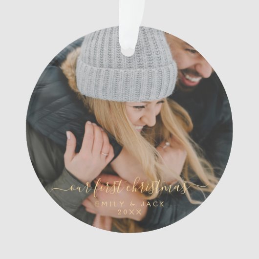 Unser erstes Weihnachtshandbrief-Foto Ornament (Vorderseite)