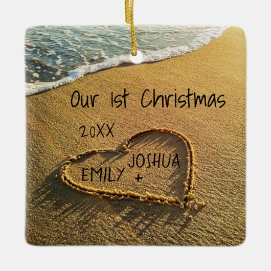 Unser erstes Weihnachtsherz in den tropischen Sand Keramikornament (Vorderseite)