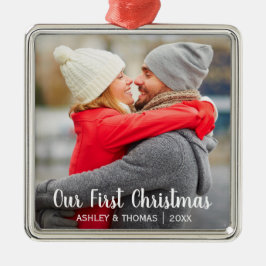 Unser erstes Weihnachtspaar-Foto-modernes Quadrat Silbernes Ornament