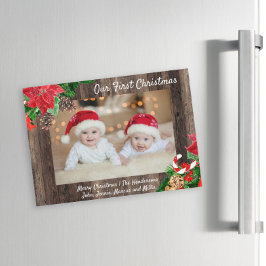 Unser erstes Weihnachtswins-Foto Rustikales Holz Magnetkarte