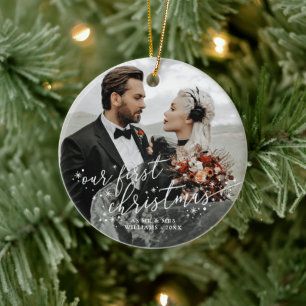Unser erstes White Script Hochzeit Foto Keramik Ornament