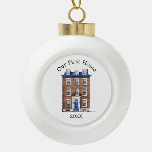 Unser erstes Zuhause Colonial Brick Townhouse Blue Keramik Kugel-Ornament (Vorderseite)