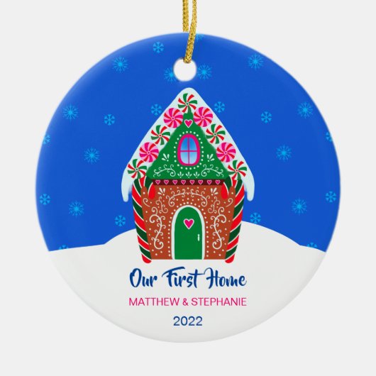Unser erstes Zuhause Gingerbread House Elegant Blu Keramik Ornament (Vorne)