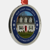 Unser erstes Zuhause Navy Personalisiert Foto Ornament Aus Metall (Rechts)