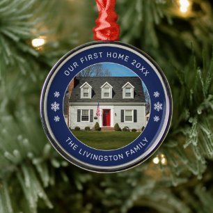 Unser erstes Zuhause Navy Personalisiertes Foto Ornament Aus Metall