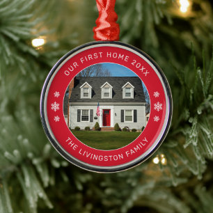 Unser erstes Zuhause - Persönliches rotes Foto Ornament Aus Metall