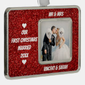 Unser First Christmas Custom Foto und Name Glitzer Rahmen-Ornament Silber (Rechts)