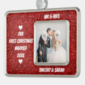 Unser First Christmas Custom Foto und Name Glitzer Rahmen-Ornament Silber (Links)